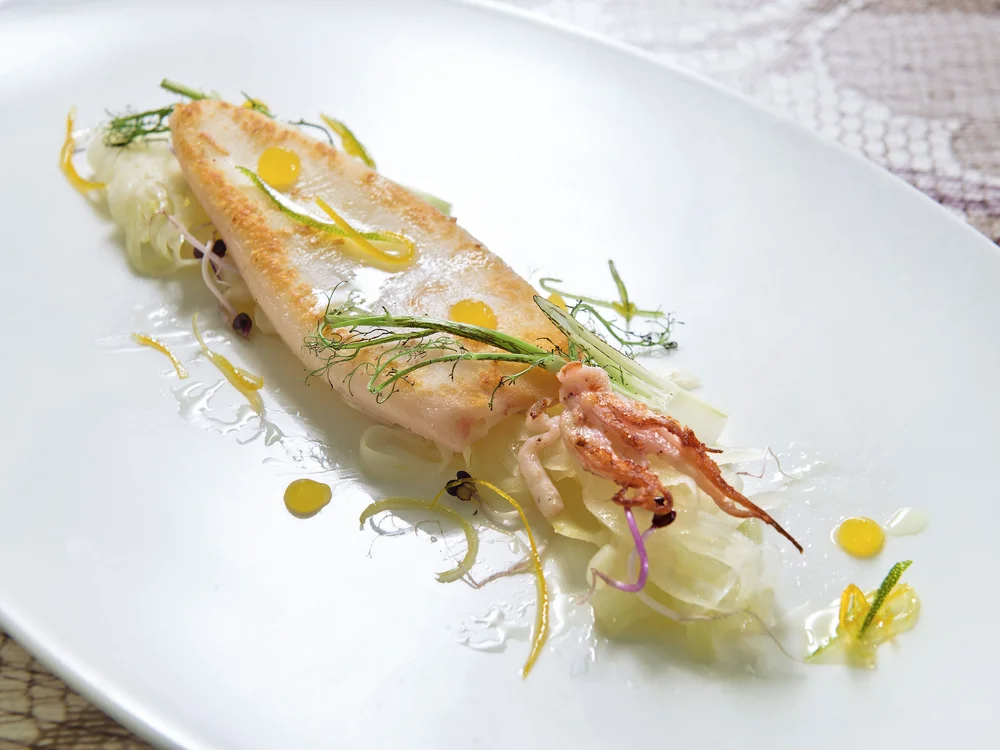Bibione Palace Hotel · La tua casa al mare a 4 stelle S Filetto di pesce grigliato con erbe e salsa su piatto bianco